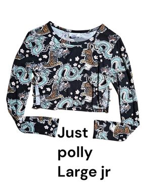 Just Polly Black Dragon-Print Long Sleeve Crop Top - Large Jr